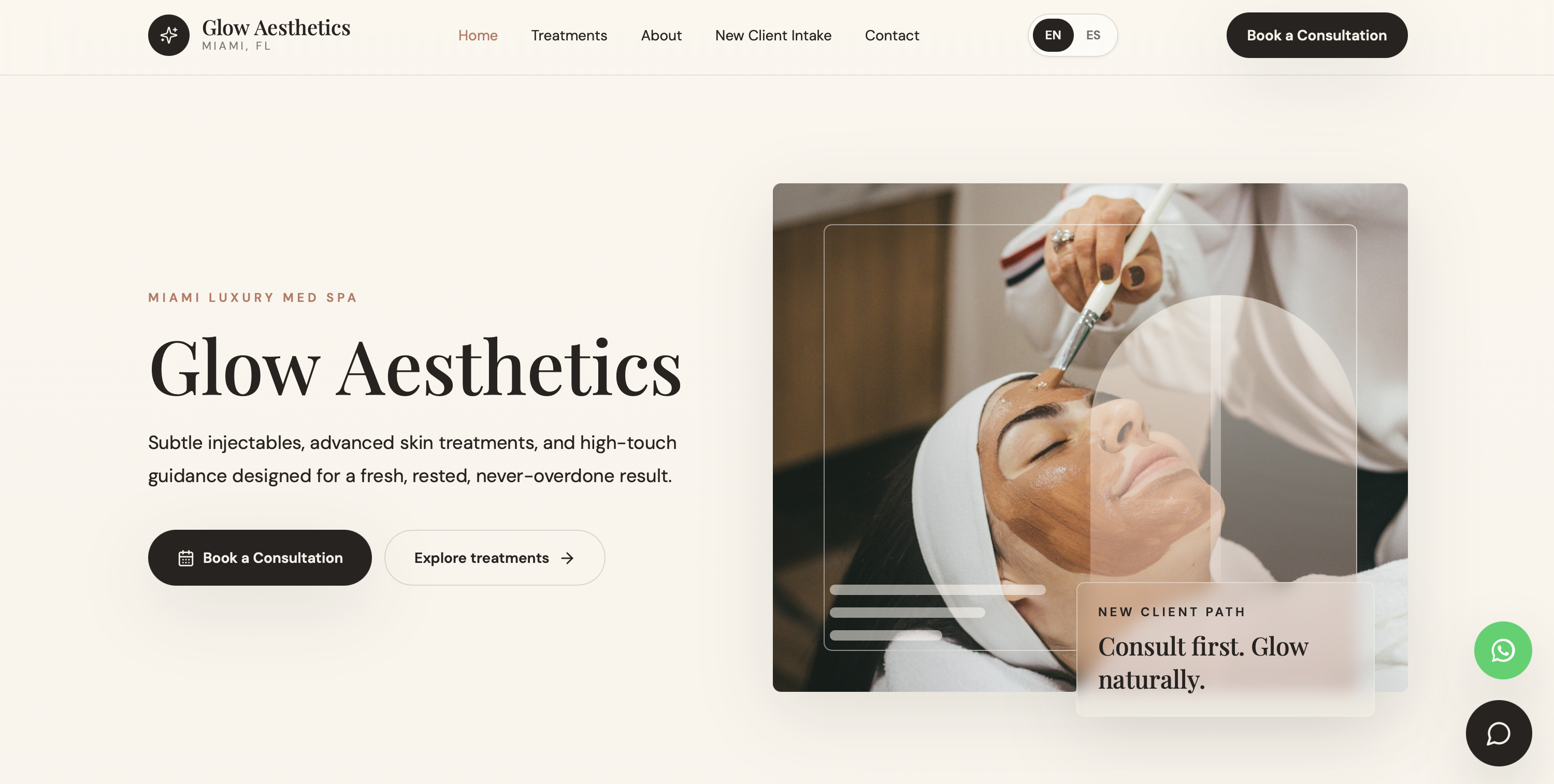 Glow Aesthetics med spa website — hero with booking CTA and treatment imagery